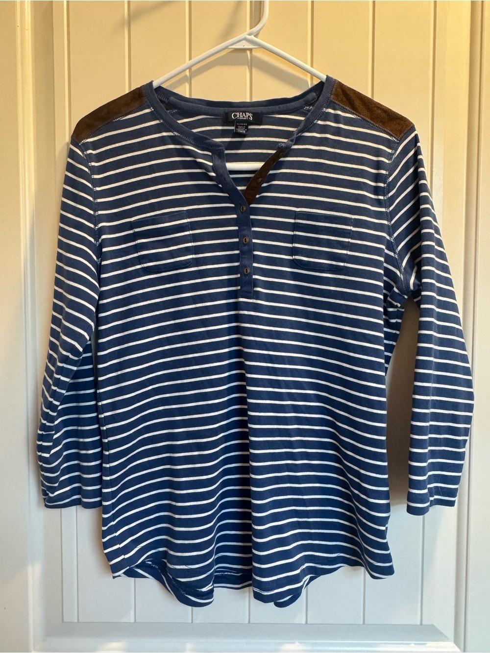 Chaps  Striped Long-Sleeve with faux suede Shoulder Panels